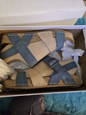 Josef Seibel Blue and Tan Crisscross Cork-Style Sandal